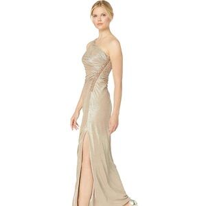 Calvin Klein one-shoulder metallic ruched long gown.